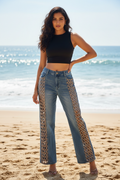 Rhinestone Cutout Jeans - Beach