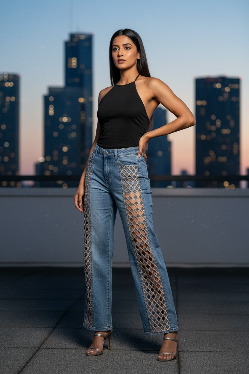 Rhinestone Cutout Jeans - Evening