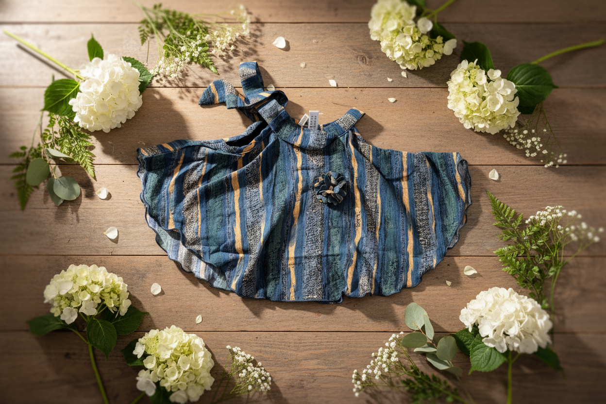 Striped top flat lay on rustic wood with flowers