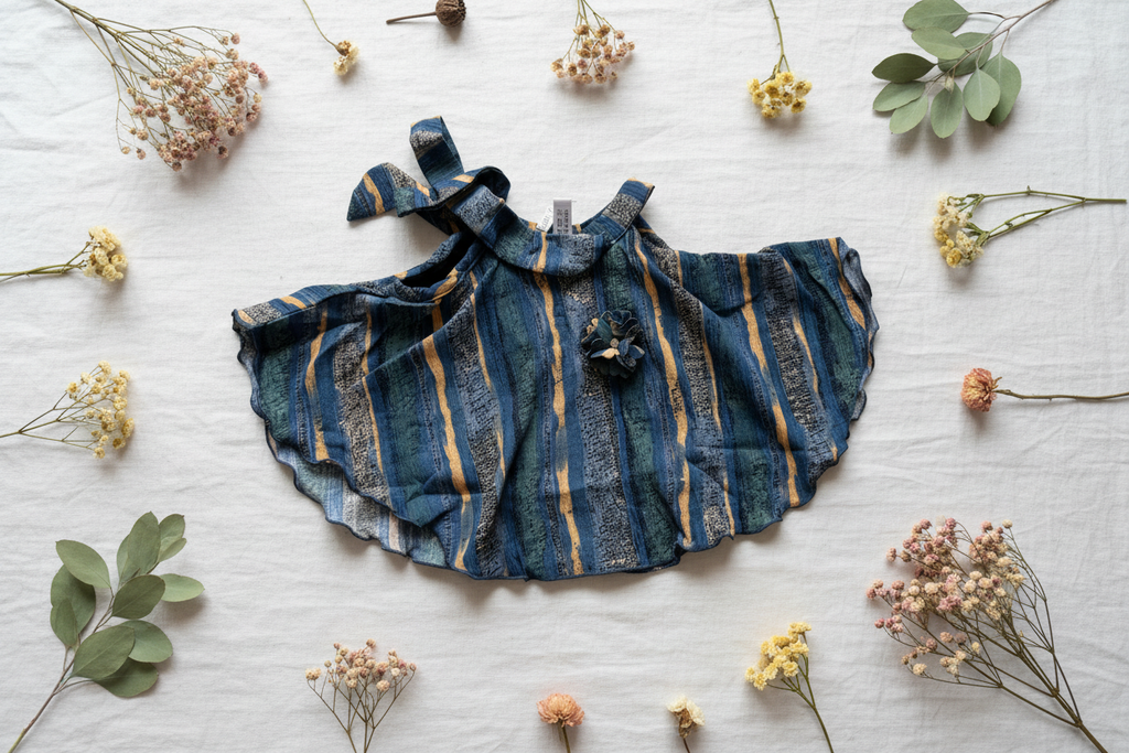 Striped top on white linen with dried flowers