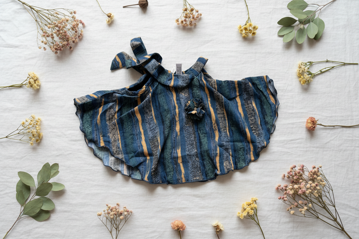 Striped top on white linen with dried flowers