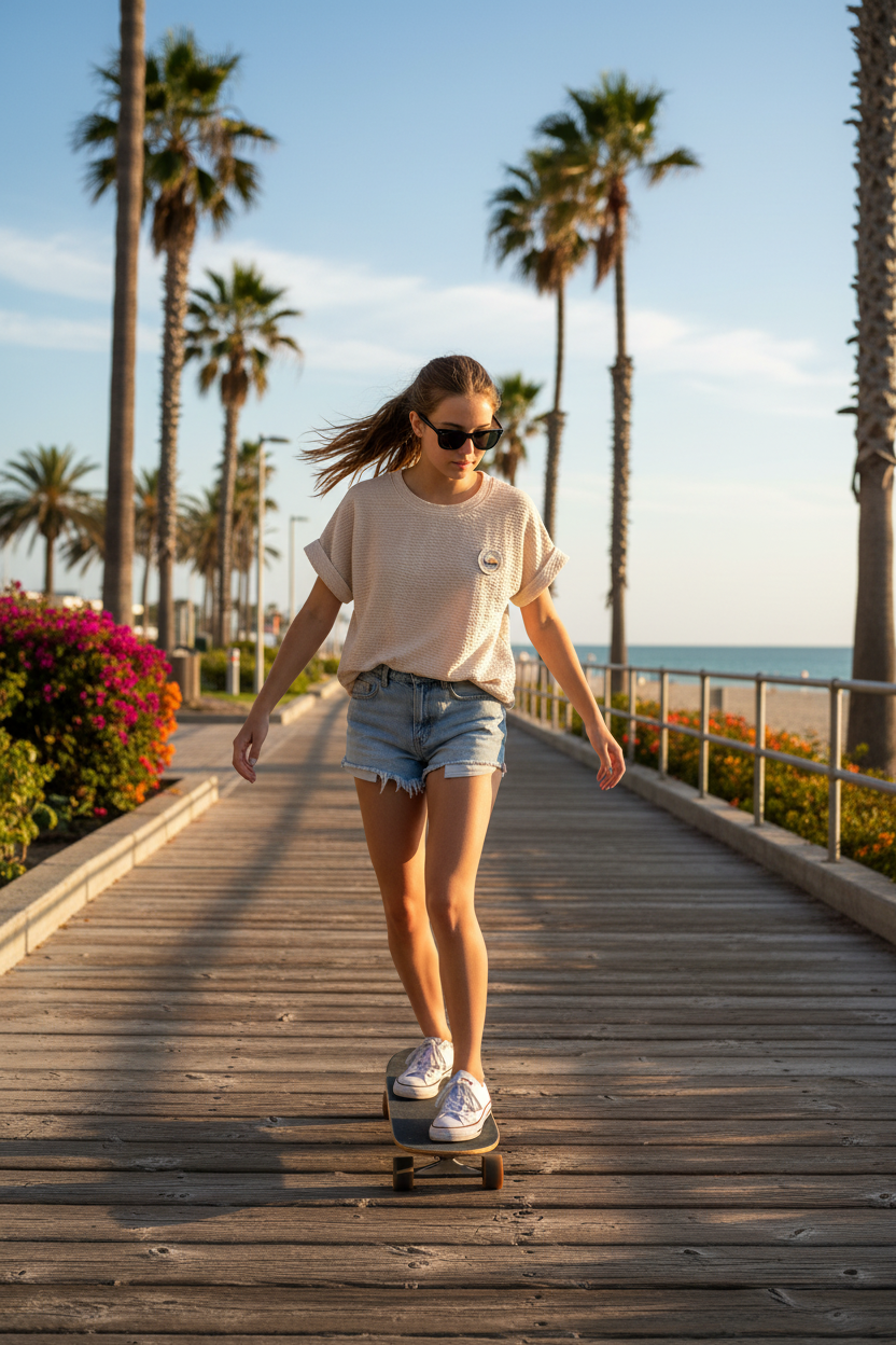 Teen 14-16 in beige t-shirt with shorts skateboarding