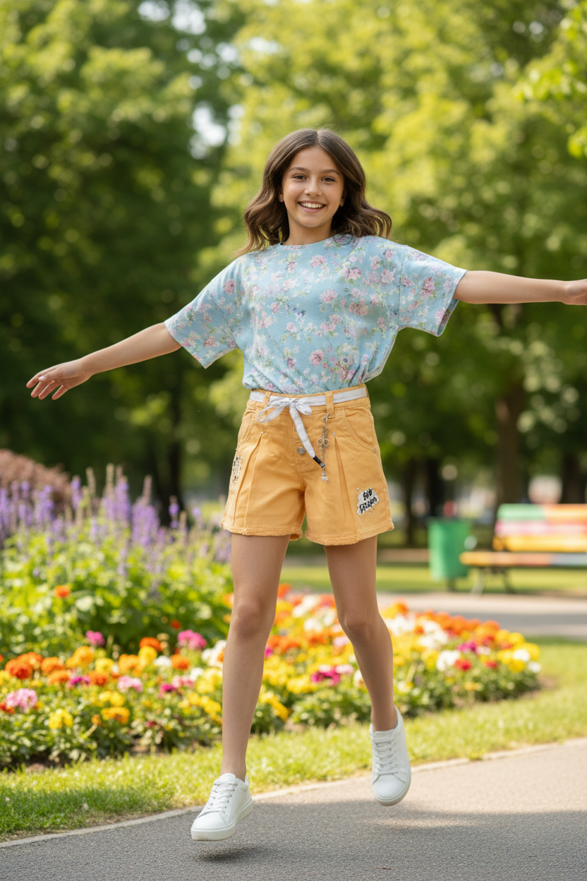 Teen girl 14-15 walking in yellow denim shorts