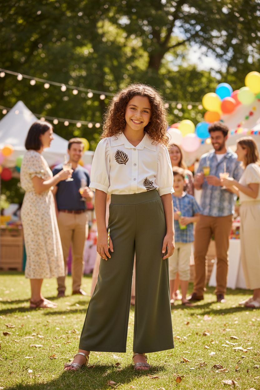 Teen girl at celebration wearing white shirt and olive palazzo set