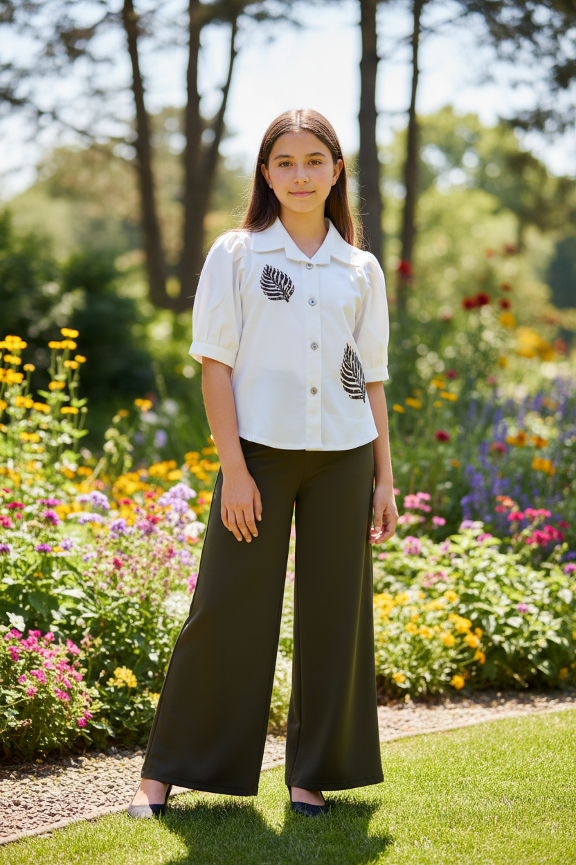 Teen girl in garden wearing fitted white leaf shirt and olive palazzo