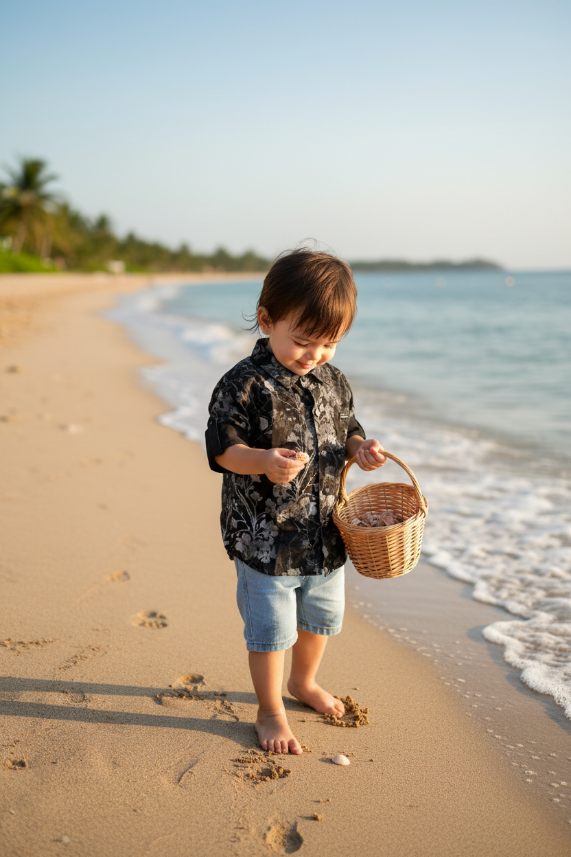 Toddler 2-3 years on beach in black floral shirt