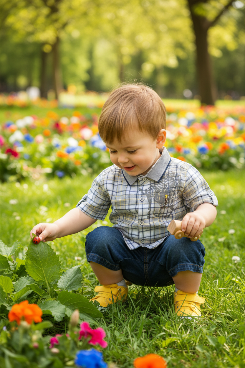 Toddler 2-3 years playing in plaid shirt