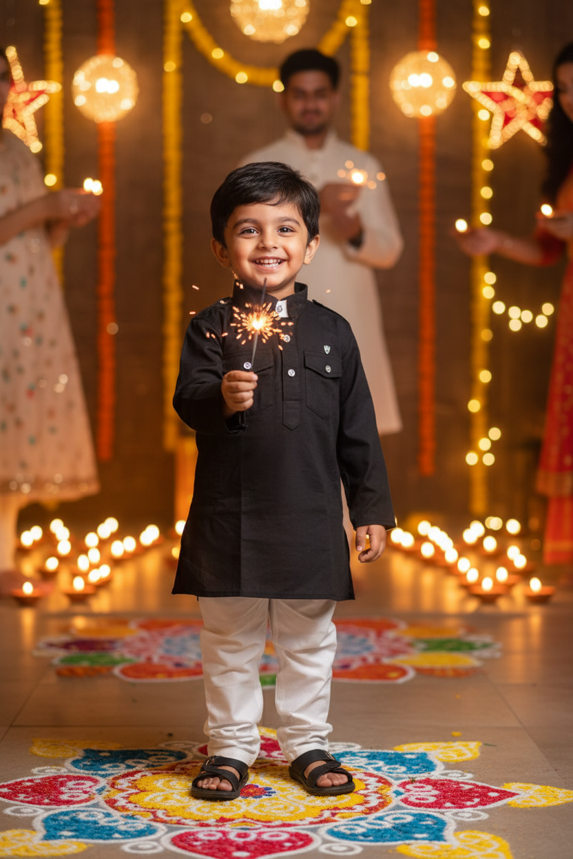 Toddler boy in black kurta at Diwali celebration