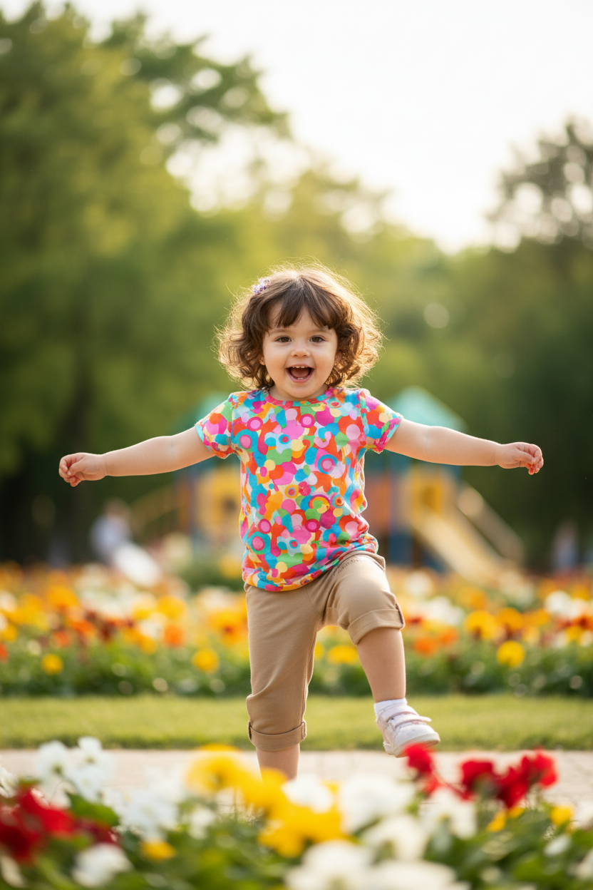 Toddler dancing in beige capri pants