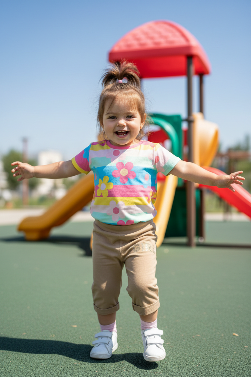 Toddler in beige capri pants at playground