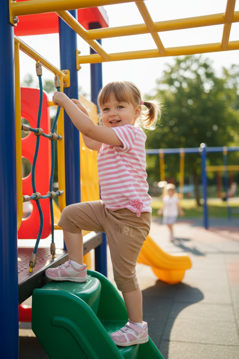 Toddler playing on equipment in beige capri pants