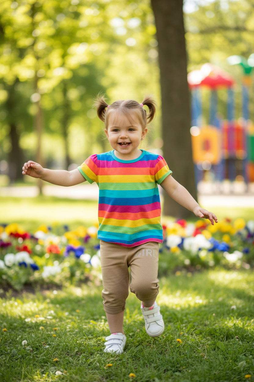 Toddler running in beige capri pants