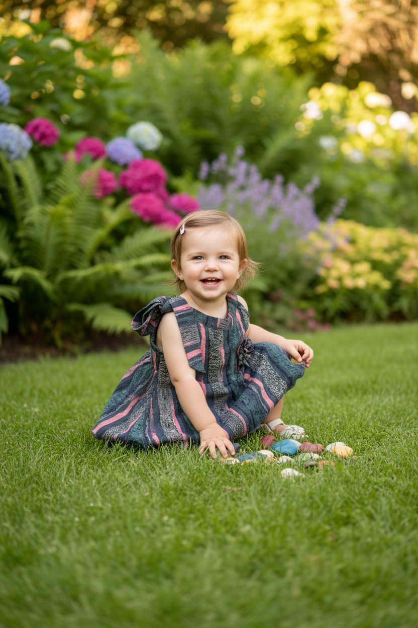 Toddler sitting in dark striped ruffle dress