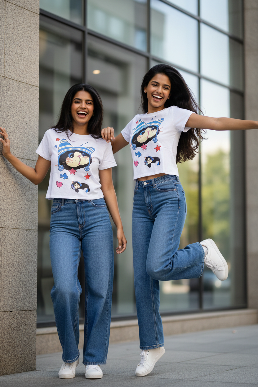 Two Indian teen models - white kawaii cat tee street style clean
