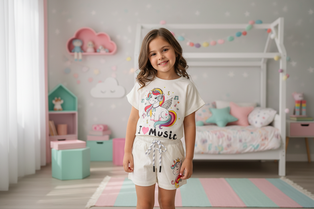 Unicorn Co-ord Set - Front view in bedroom