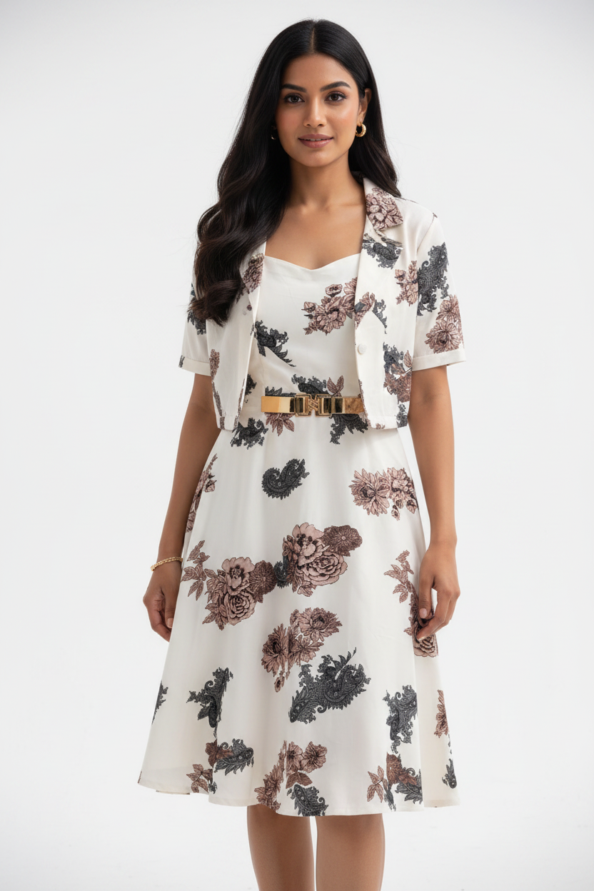 White floral set with jacket