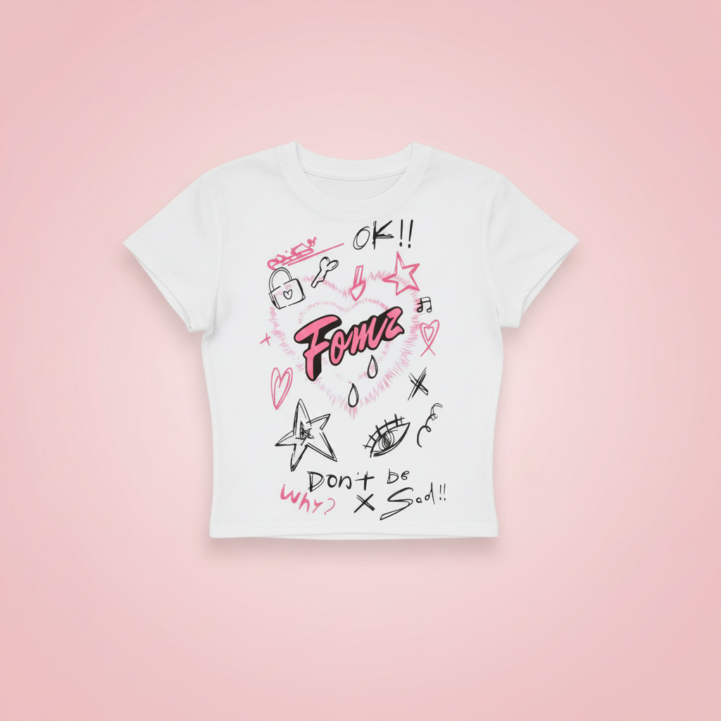 White graffiti tee - pastel pink studio background