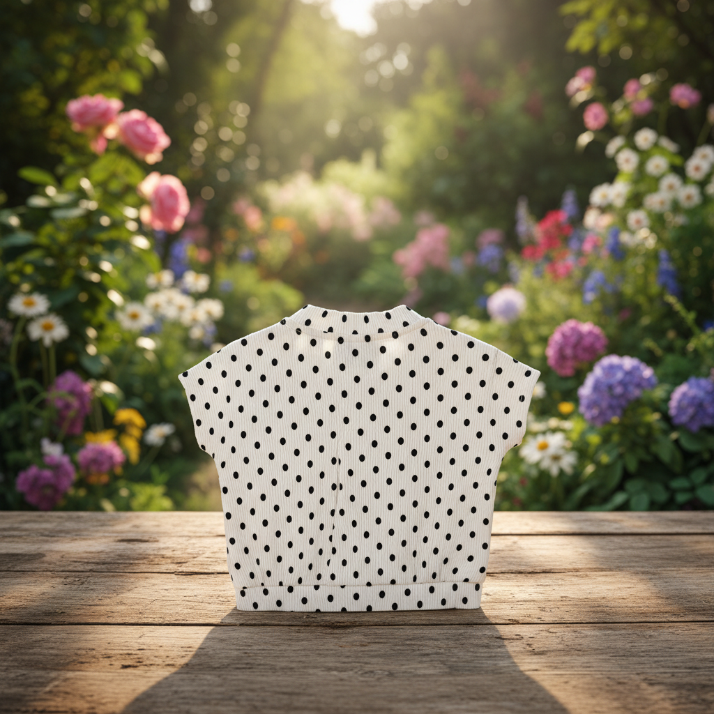 White polka dot top back view - rustic wooden background