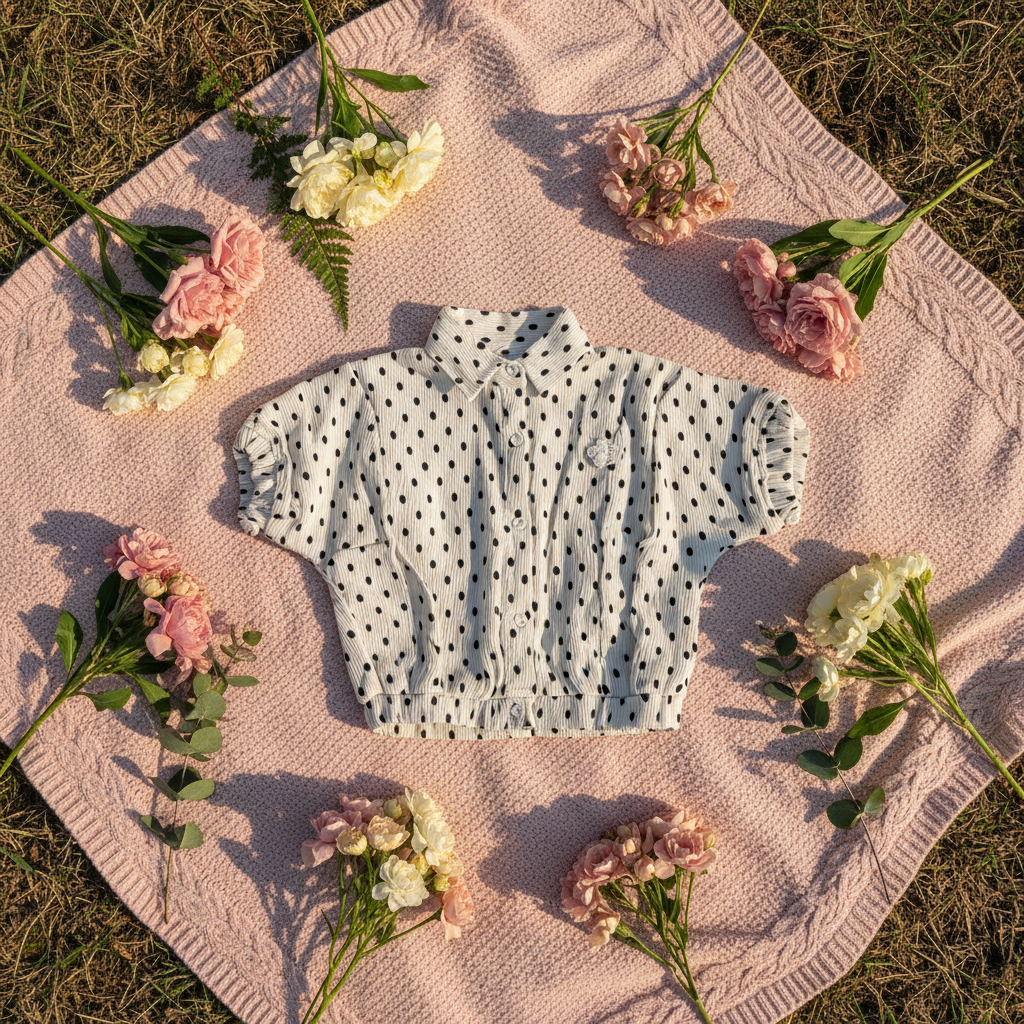 White polka dot top - lifestyle outdoor setting