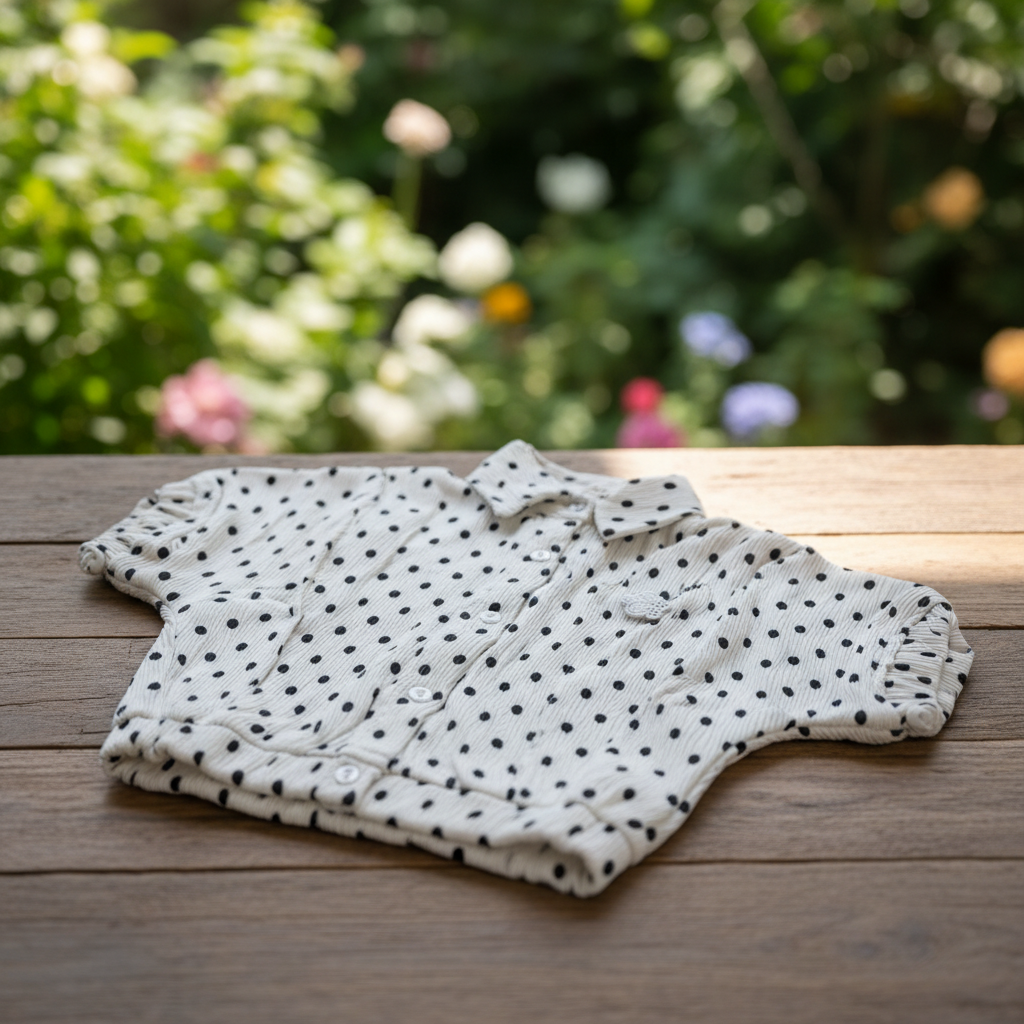 White polka dot top - rustic wooden background