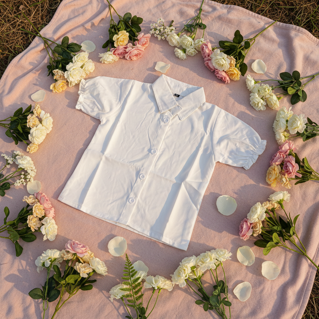 White puff sleeve blouse - lifestyle outdoor setting