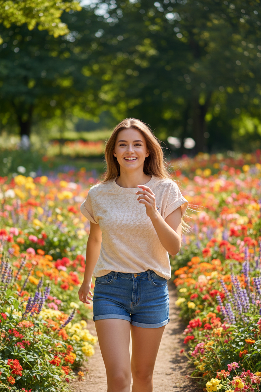 Woman 20-22 in beige t-shirt with shorts in park