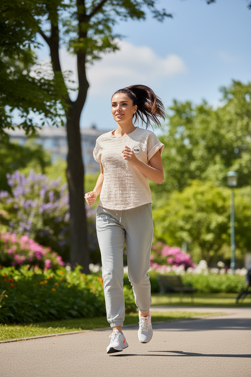 Woman 26-28 in beige t-shirt jogging