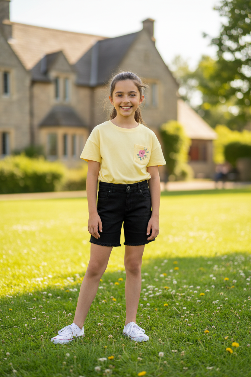 Young girl wearing black denim shorts